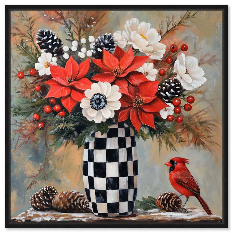 Art floral sur toile damier , 13" H x 13" W, Structure noire