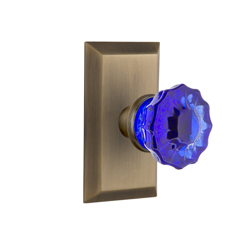 Plaque Studio avec bouton de porte en cristal cobalt, Laiton antique
