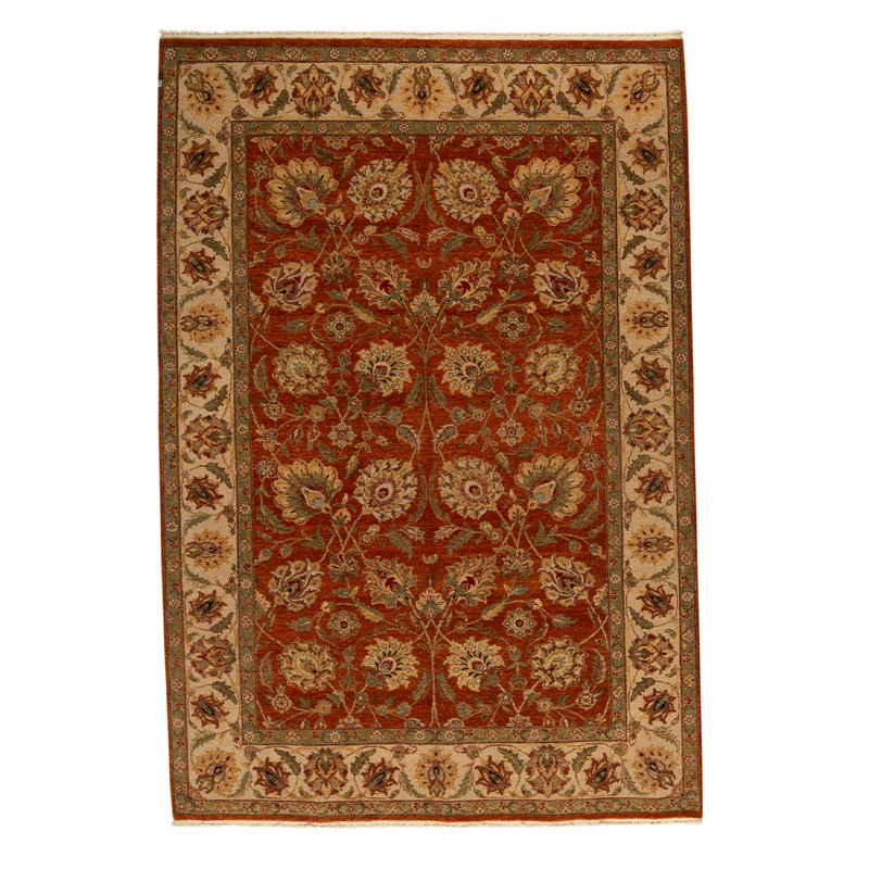 Tapis rouille / ivoire / vert / jaune de haute qualité noué à la main