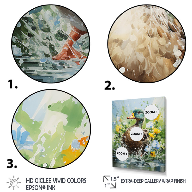 «Duck Springtime Splash Blooms», art mural canard, Cadre flottant doré, H 44 po x l 34 po x P 1,5 po