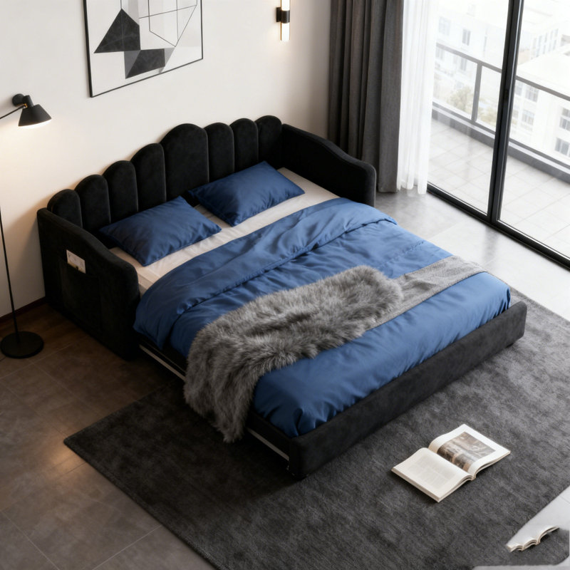 Upholstered Daybed with Trundle ,Velvet Sofabed with USB Charging Ports, Black