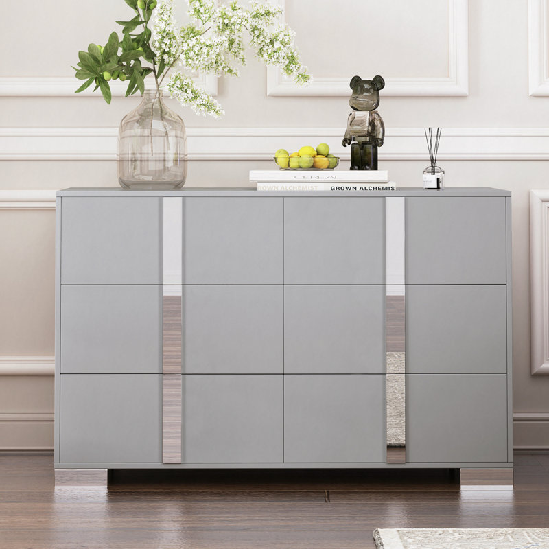 Elegant Modern Dresser With Metal Foot,Mirrored Storage Cabinet With 6 Drawers For Bedroom,Living Room, Light Gray