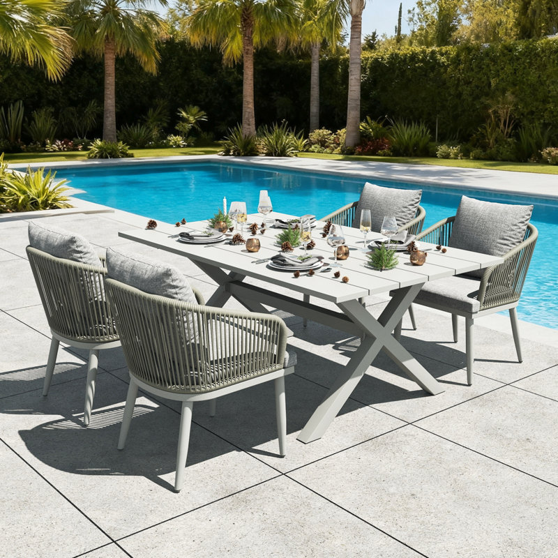 Outdoor Patio Dining Armchair with Cushion, 4, Light Grey, White
