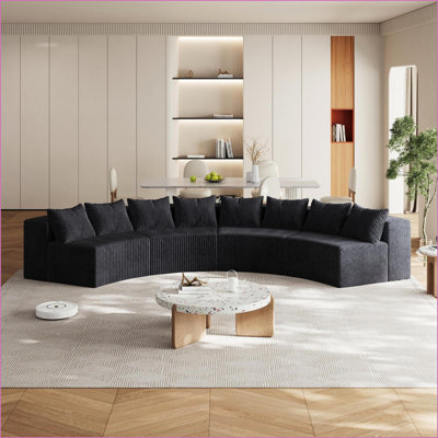 Sectional Sofa | Curved Modular Semi-Circular with 8 Pillows | Living Room, Bedroom, Office | Corduroy | Black