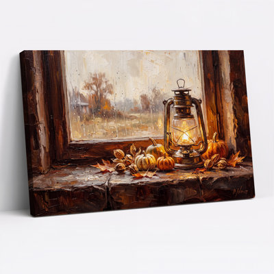 Lanterne rougeoyante et citrouilles sur fenêtre rustique, art mural d'Halloween