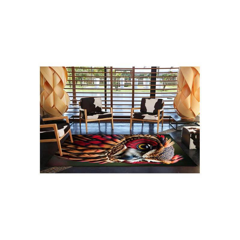 Owl Bird Red Pattern Woven Base Machine Washable Area Rug, Rectangle 4'7" x 6'7"