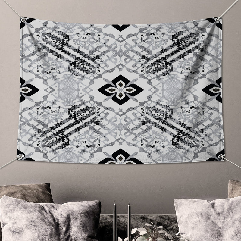 Tapisserie murale ornée noir et blanc - décoration murale ornée, H 50 po x l 60 po avec 4 œillets
