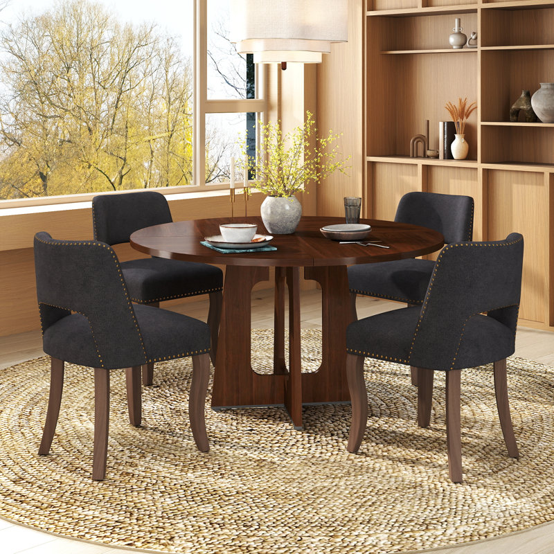 Ensemble de table ronde 47 po avec chaises 4/6 rembourrées, finition chêne / noyer / marbre pour la cuisine de la salle à manger