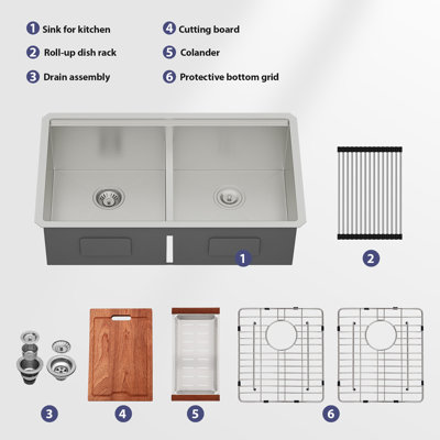 Évier de cuisine encastré 30 po à cuve double de calibre 16 et cuve 50/50, nickel brossé