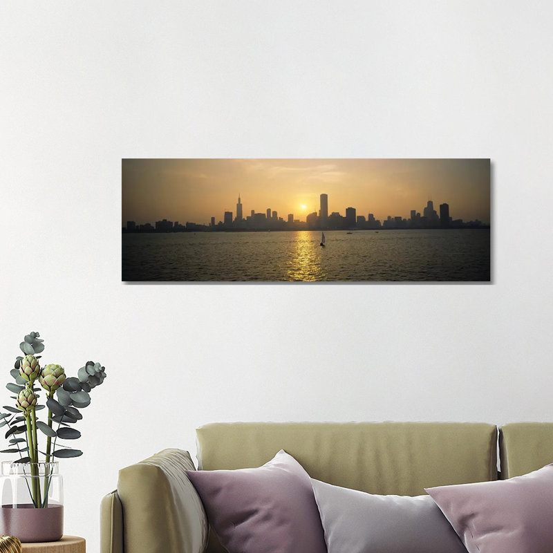 Silhouette of Skyscrapers at the Waterfront, Chicago 1 Piece Wrapped Canvas Panoramic Wall Art
