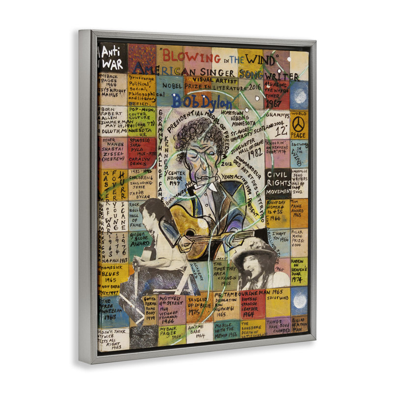 "Bob Dylan", art mural encadré sur toile flottante par Sabin, H 31 po x l 25 po, Cadre flottant métallique doré