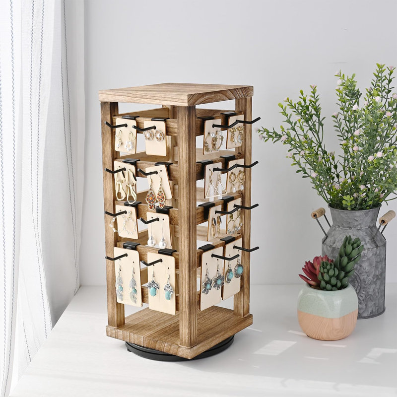 Natural Oak Rotating Jewelry Tower with Black Hooks