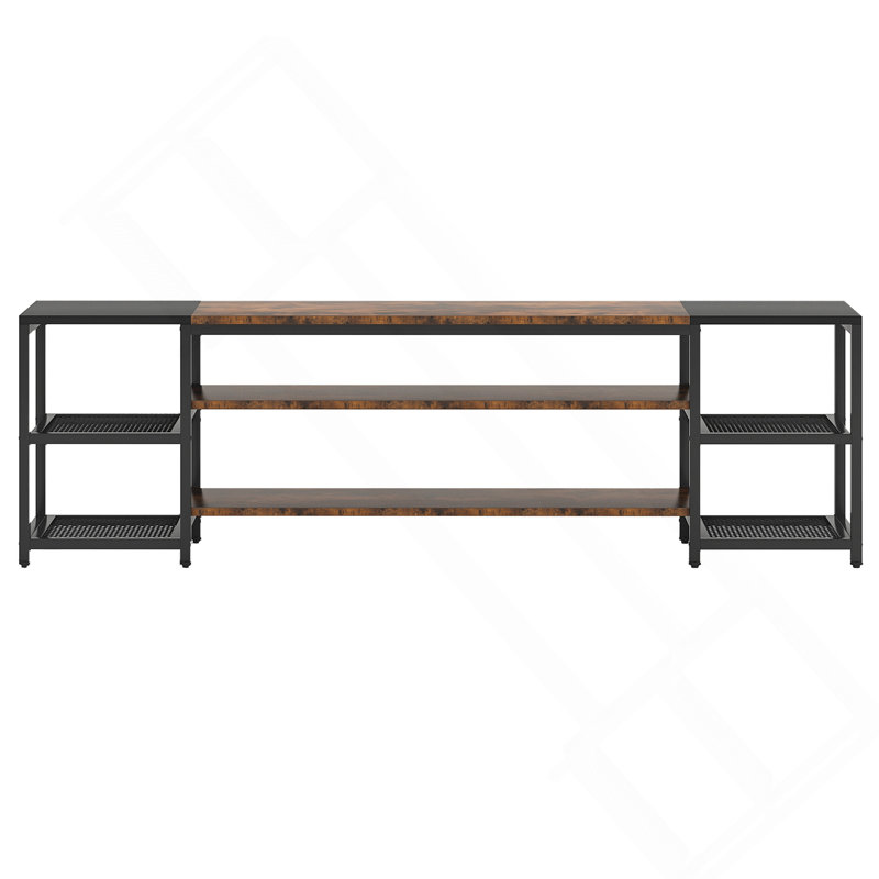 Meuble télé 78,7 po pour téléviseur de 85 po et plus, ensemble de divertissement de style campagne moderne avec rangement à 3 niveaux et tablettes ventilées, brun et noir