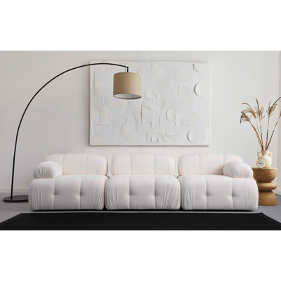 Modern 3-Seat Sofa, White, 114.2 x 37.4 x 29.5 inches | Durable Beech Wood & Chipboard Frame, Soft 100% Polyester Fabric | 28 DNS Soft Grey Foam & 24 DNS Feather Fill | Stylish Black Plastic Legs, Perfect for Living Room