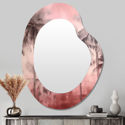 Rétro palmier rose rétro Shadows I - miroir unique de forme irrégulière rose, grand miroir mural asymétrique traditionnel, impression d'art en métal