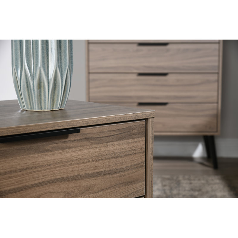 Fully Assembled Euart 2 Drawer Bedside Table, Black/Carini Walnut