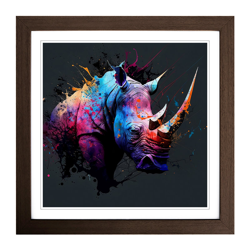 Rhino Splatter Art - Single Picture Frame Print on Wood, Walnut