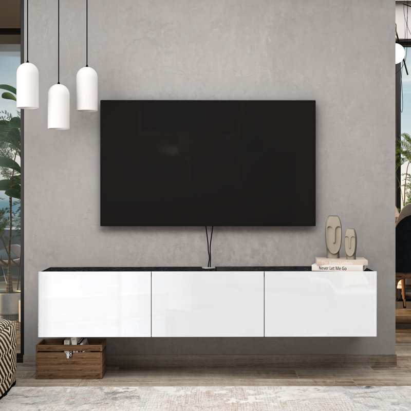 Meuble télé flottant Ronnye, Blanc brillant / marbre noir