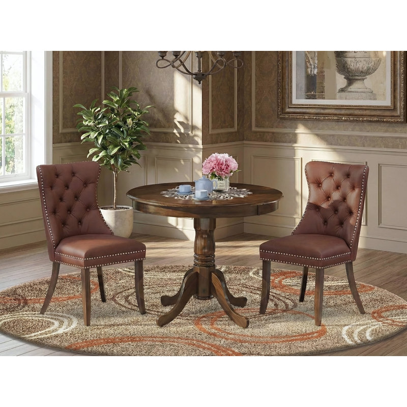 3 Piece Dining Set Includes a Round Kitchen Table with Pedestal and 2 Upholstered Chairs, Antique Walnut, Brown