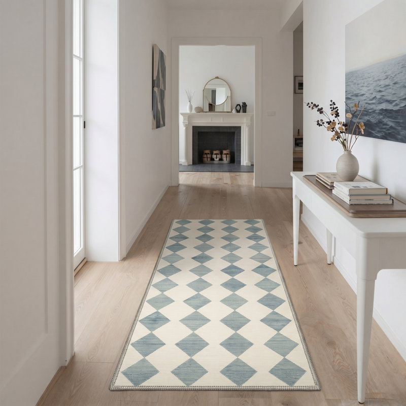 Liadan Diamondix Geometric Machine Washable Blue / Beige Indoor Area Rug with Non-Slip Backing, Runner 2'6" x 8'