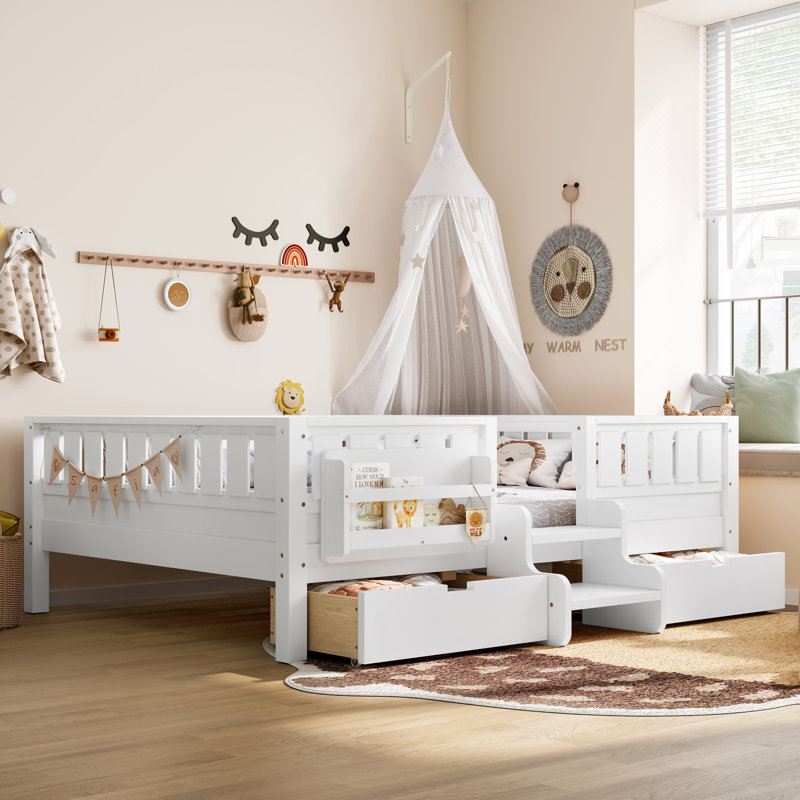 Full Floor Bed Frame With Built-In Bookshelves And Storage Drawers,Full Size Wood Montessori Bed With Staircase Design And Rails, For Kids, Boys, Girls,Easy Assemble( Full, White, Drawers )