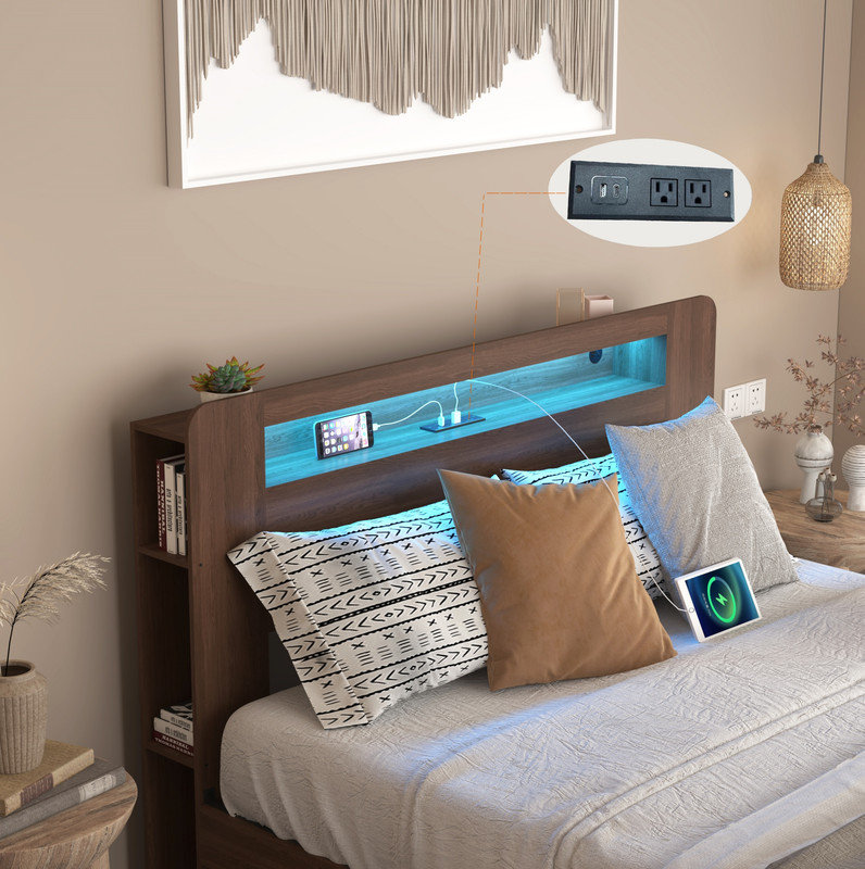 Base de lit en bois avec plateforme pour grand lit et tablette avec bibliothèque et 2 tiroirs de rangement, tête de lit à DEL avec éclairage, sans bruit, aucun sommier requis et assemblage facile, brun