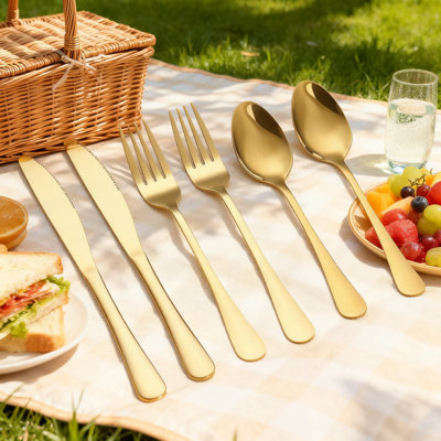 60-Piece Gold Flatware Set Service For 20, Stainless Steel Titanium Gold Cutlery Set With Knives, Spoons, Forks And Serving Utensils For Everyday And Formal Dining
