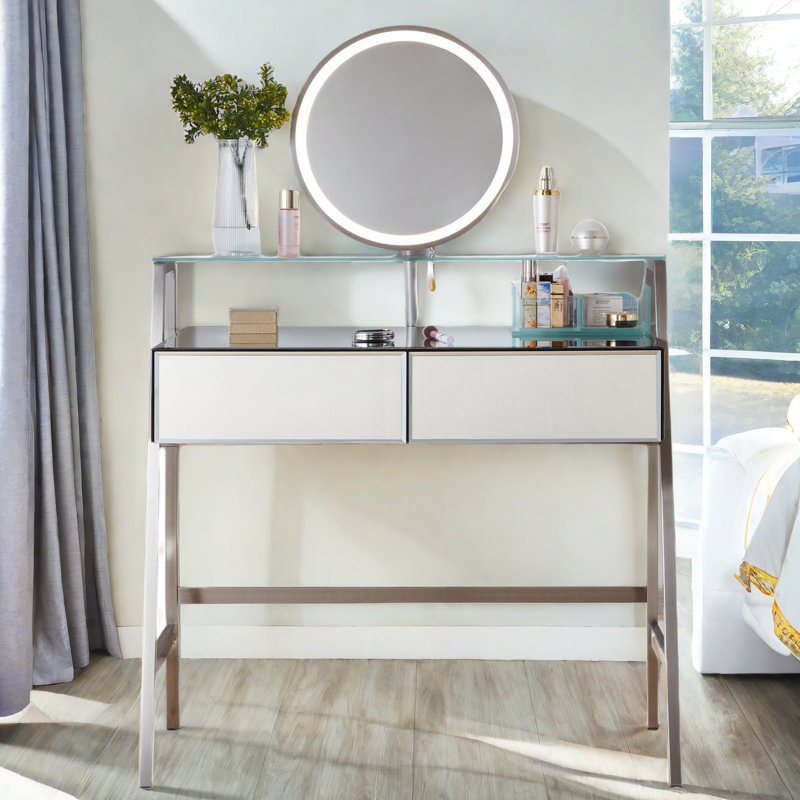 Coiffeuse Fumiaki avec miroir éclairé, 2 tiroirs, une tablette ouverte, des boîtes de rangement et une station de charge