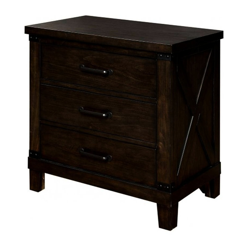 Table de chevet rustique en bois massif noyer foncé avec 3 tiroirs et poignées noires