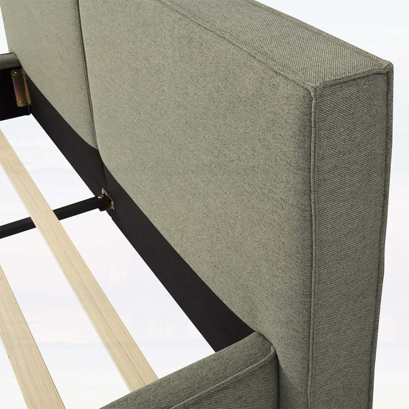 Structure de lit tapissier moderne capitonné de taille grand moderne avec coutures en biscuit de qualité supérieure, faux lin à deux tons et support robuste