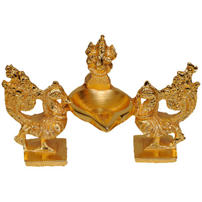 Handmade 4" Brass Lord Ganesha Lamp with Peacock Pair – Traditional Mayureshwar Design – Indian Decorative Accent for Puja, Gifting & Home Décor