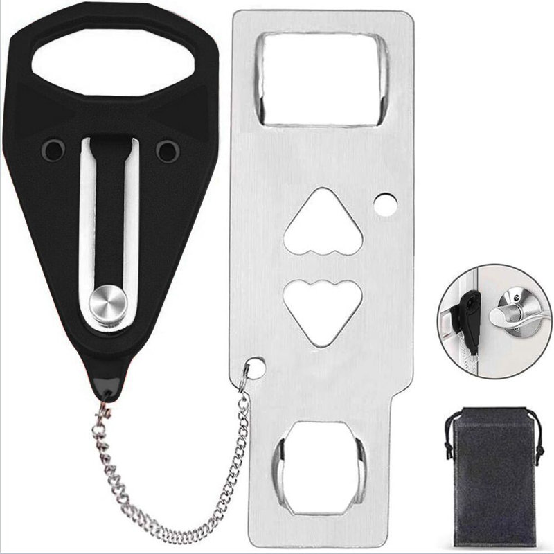 Portable Door Lock Black Home Security Door Lock Travel Lockdown Locks For Additional Safety