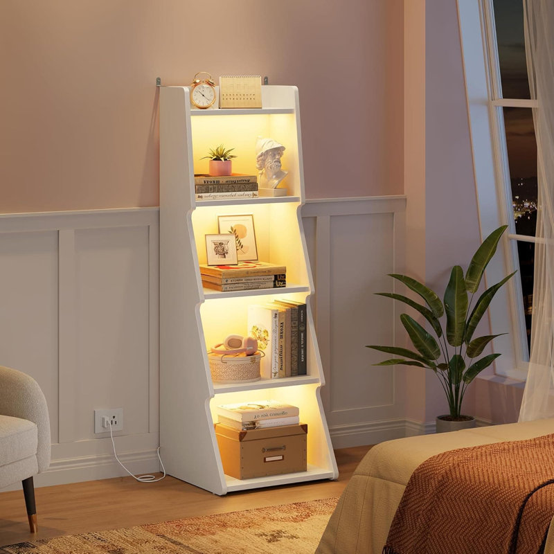 Bibliothèque à 5 niveaux à DEL avec éclairage réglable, bibliothèque moderne au sol avec conception anti-basculement, étagère de rangement en bois robuste pour le bureau à domicile et le salon