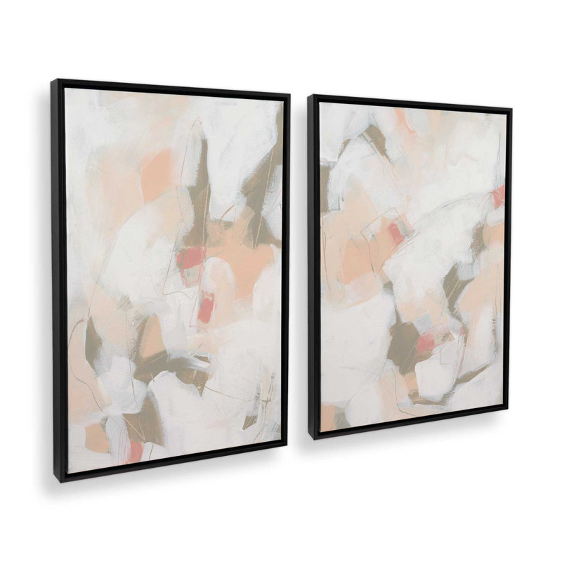 Ensemble de 2 motifs abstraits roses feutrés, Cadre flottant noir satiné, H 19 po x l 26 po