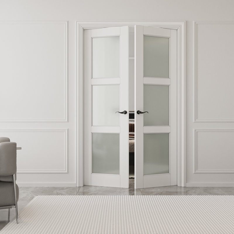 3-Lite Frosted Glass French Door Solid Wood Manufacture Interior Double Bathroom Door With Hardware Kit, 48" x 80"