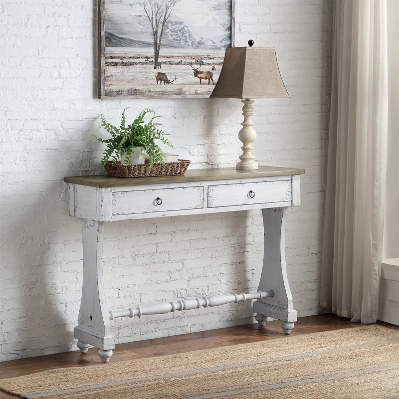 Antique White Wood and Metal Console Table with Storage