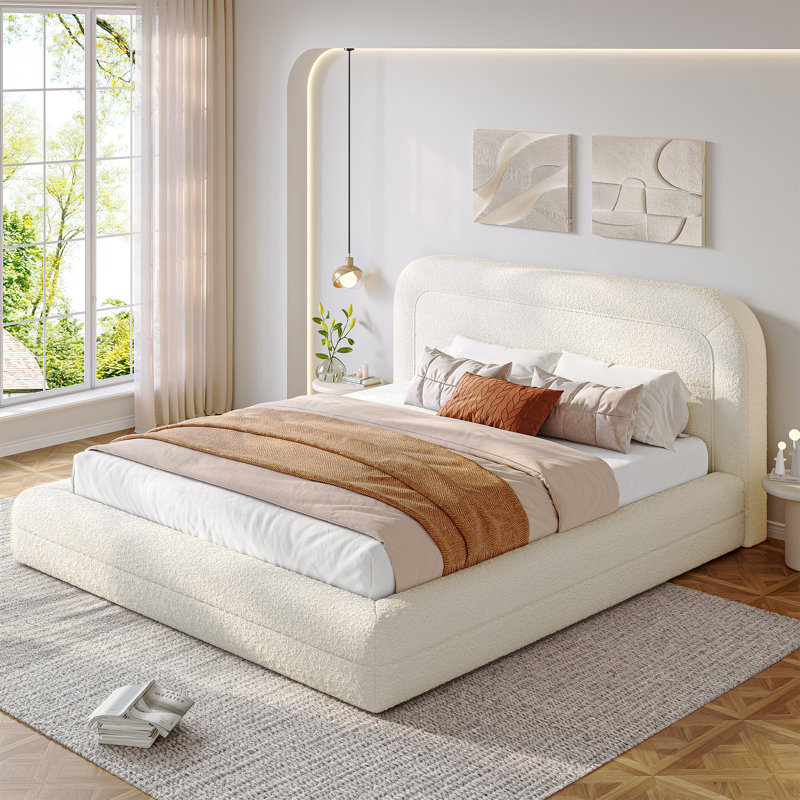 Upholstered Cloud Bed Frame with Anti-Collision Soft Rounded Corners, Sponge-Filled Boucle Bed Frame, Queen