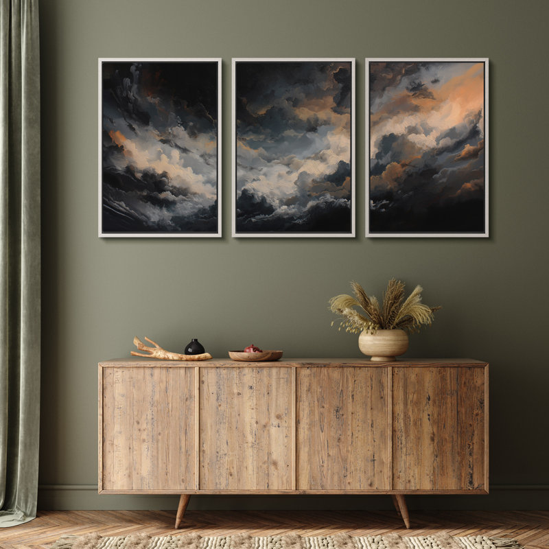 «Stormy Dramatic Cloudscape Triptych», reproduction d'art sur toile encadrée 3 pièces, H 36 po x l 72 po x P 1,5 po