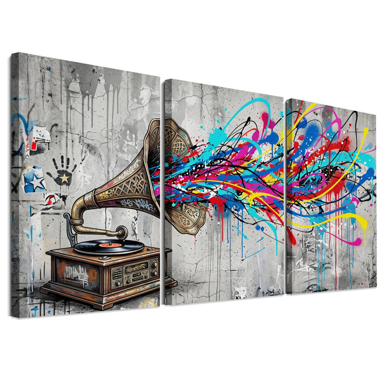 Ensemble de 3 toiles murales représentant un gramophone vintage avec des éclaboussures de peinture colorées