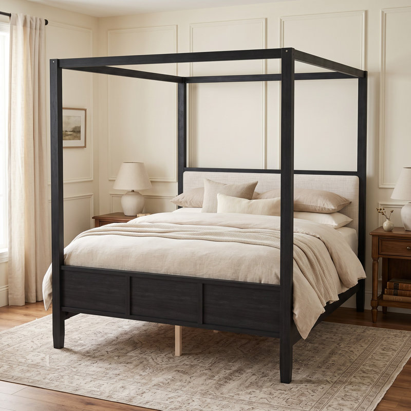 Lit plateforme à baldaquin en bois, tête de lit rembourrée, style ferme moderne, chambre, Grand lit, Noir