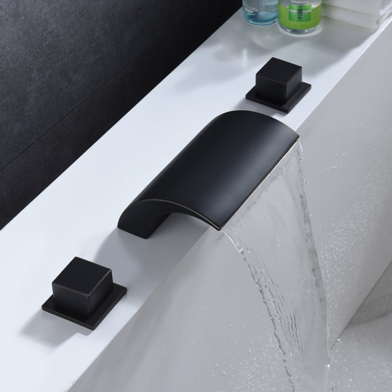 SUMERAIN Double Knob Handle Deck Mounted Waterfall Roman Tub Faucet, with High Flow and Brass Rough-in Valve, Matte Black