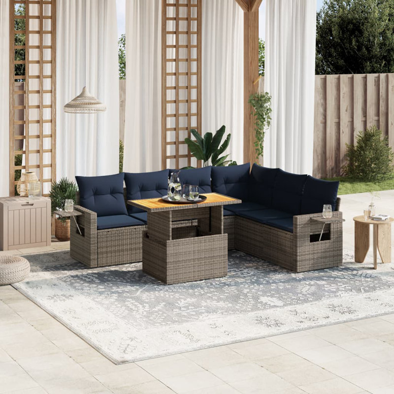  Ensemble de canapé de patio 7 pièces avec coussins en rotin de polyester, Gris, Bleu