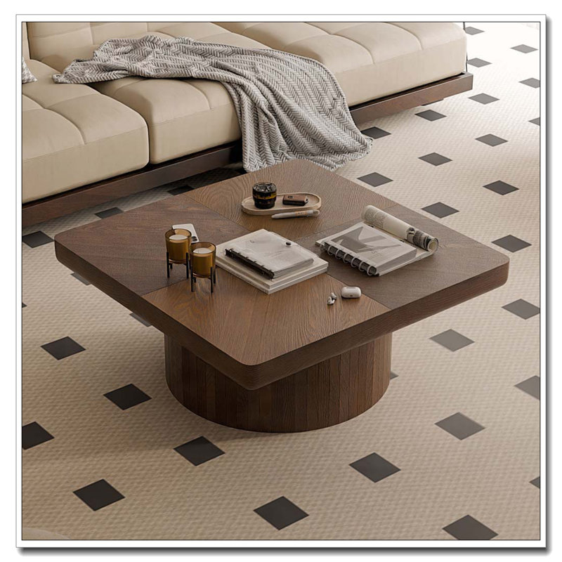 Table basse carrée de 34,6 po pour le salon, plateau en placage de bois moderne avec motif de parquet et base cylindrique, plateau de table épaissi, assemblage facile