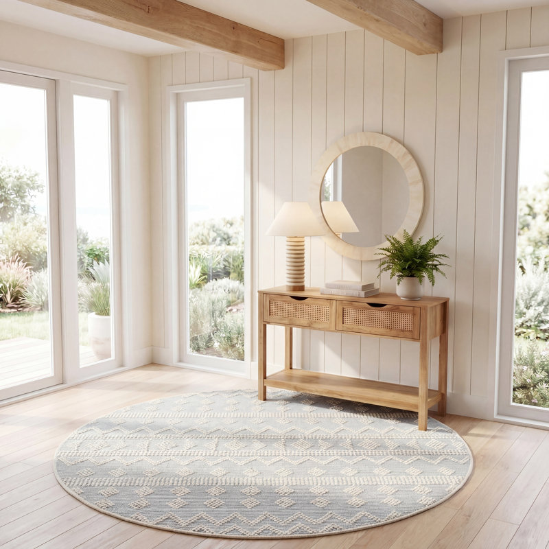 Tapis en laine / coton tissé à la main Sucher en ivoire / bleu clair, Carré 6 pi