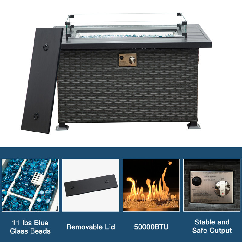 43.3 Inch Fire Pit Table For Patio, Smokeless Gas Pits, 50,000 Heat, Rust Metal Frame, Top, With Glass , All-Weather Covering