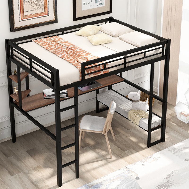 Lit mezzanine double noir avec bureau et tablettes allongés - style élégant, longues tablettes, matériau