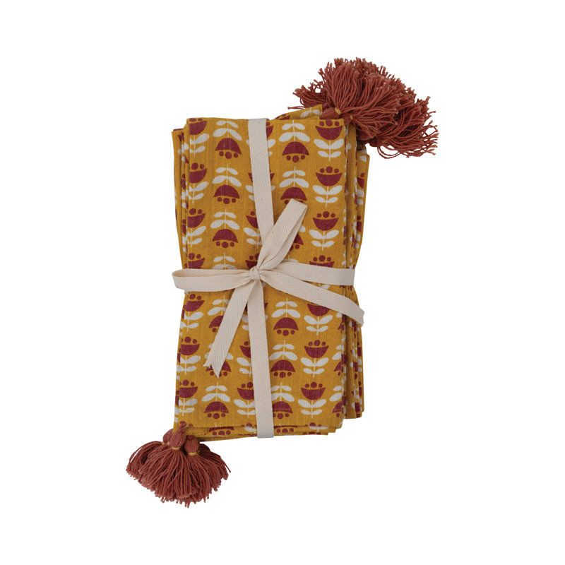 Serviettes en coton à motif floral et pampilles