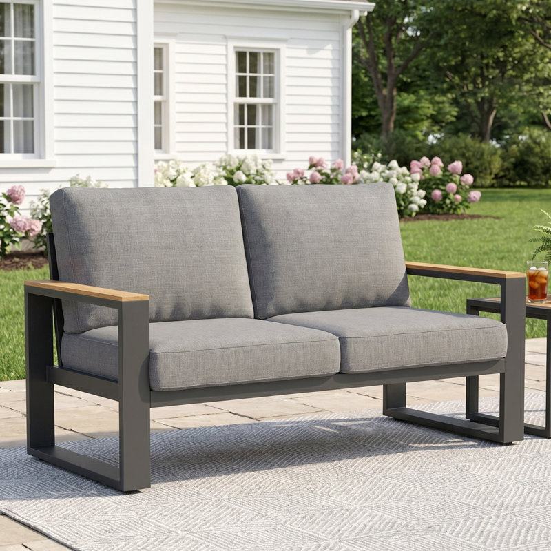 52" Aluminum 2‑Person Outdoor Sofa for All Weather, Metal Patio Sofa with Wood Armrest for Skin-friendly Touch, Outdoor Loveseat with Removable Cushions for Backyard, Garden, Deck