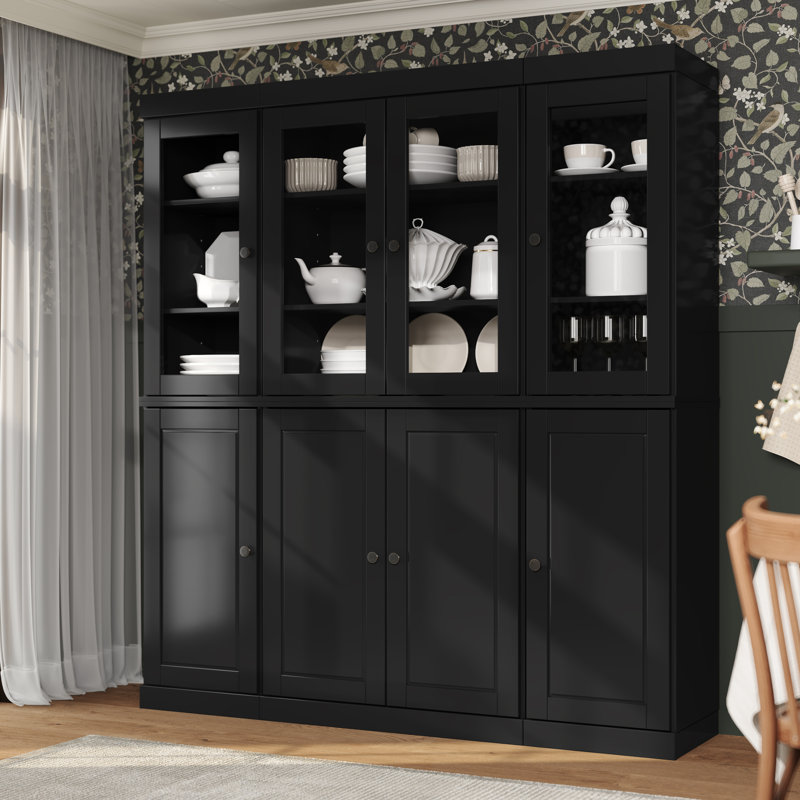 Grande armoire de cuisine en bois massif avec portes en verre Lodman, Noir