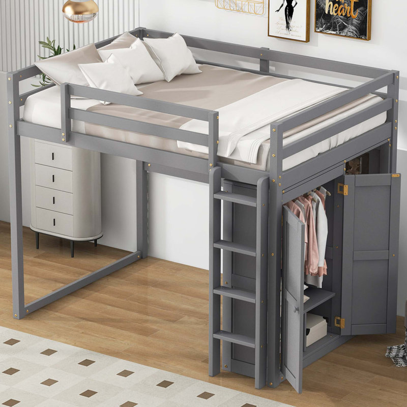 Lit mezzanine en bois avec garde-robe intégré et tablettes de rangement, lumière DEL